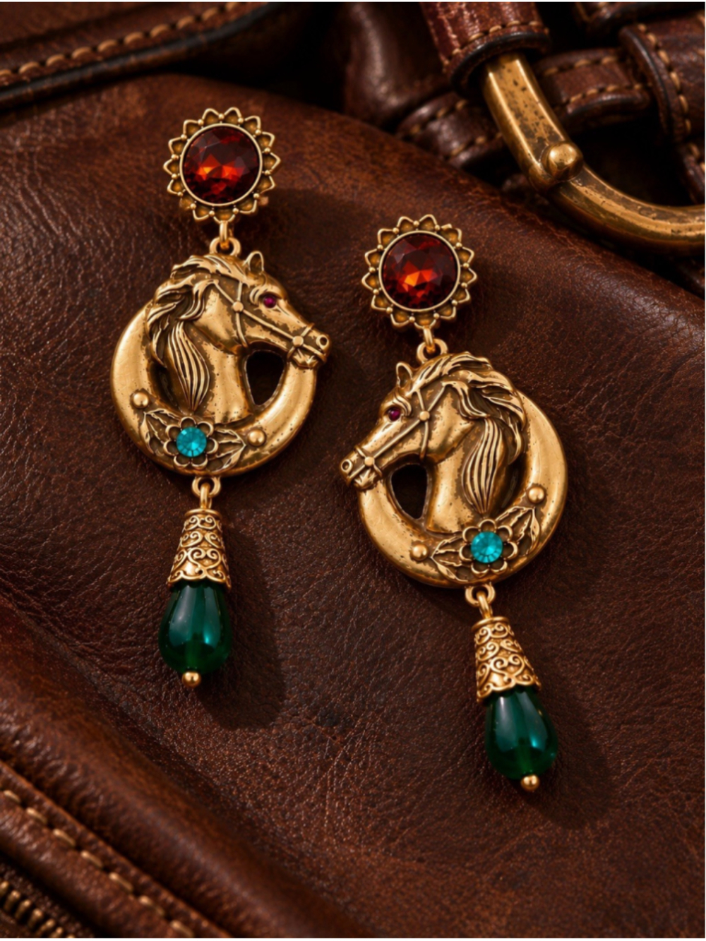 VTG Horse Earrings Gold Antique Art Museum Medieval Court Equestrian Teardrop CZ